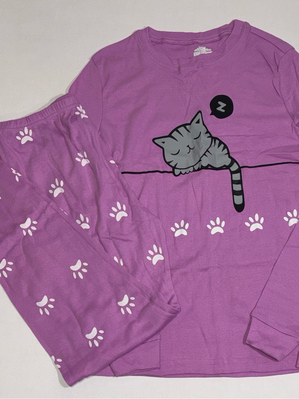 Family Feeling Girls 14 Purple 2-Piece Cat Print Long Sleeve Cotton Knit PJs